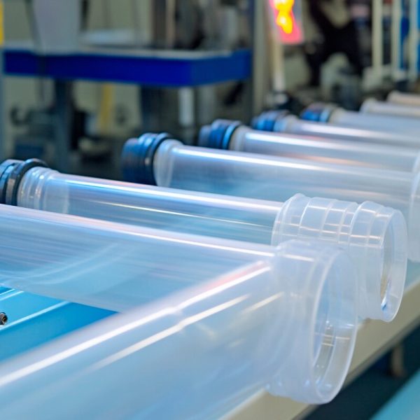 Clear plastic tubes glide smoothly on a conveyor belt within a bustling factory. Workers inside the facility monitor the production process while machinery hums in the background.